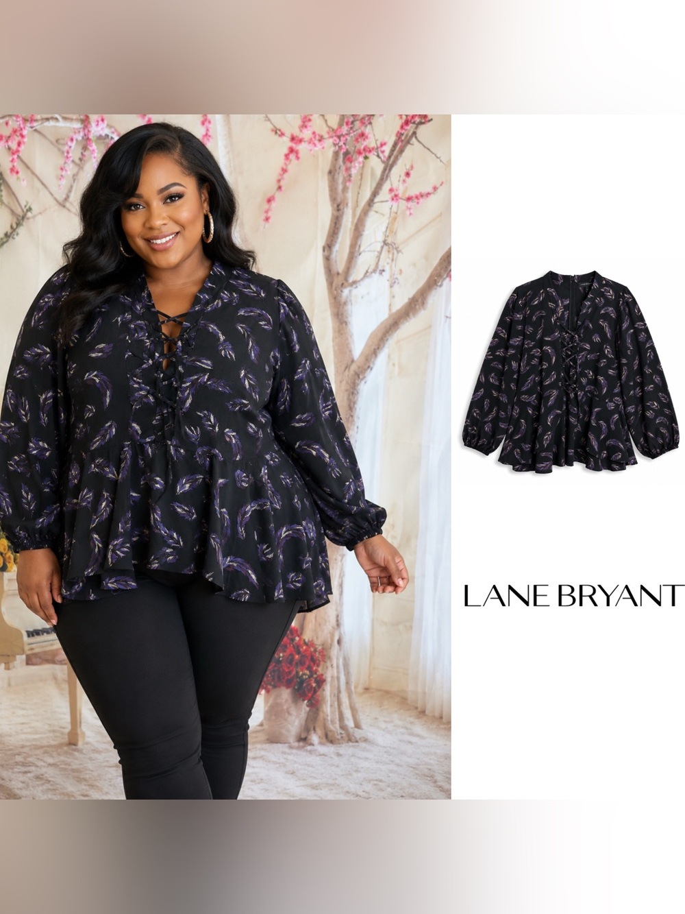Lane Bryant Black Lace-Up Peplum Blouse with Purple Feather Motif